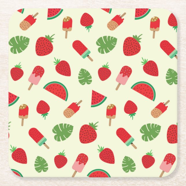 Jordgubbar, vattenmelon och röda glasspinnar  underlägg papper kvadrat (Framsidan)