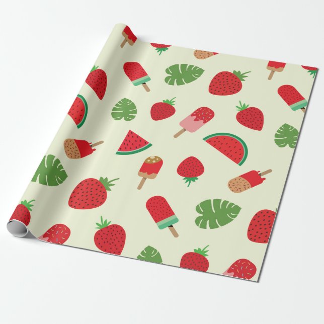 Jordgubbar, vattenmelon och röda populationer presentpapper (Utrullad)