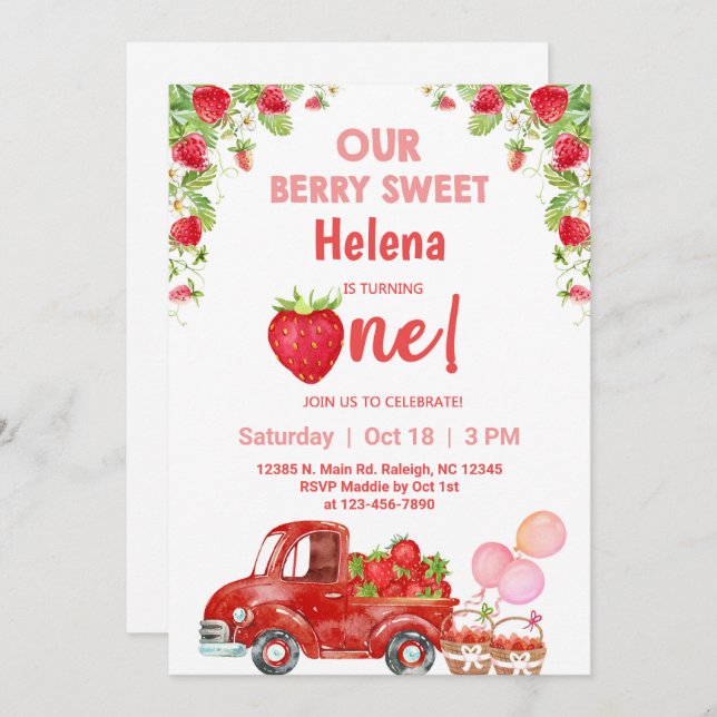 Jordgubbarnas bäste födelsedag. inbjudningar (Fram/baksida)