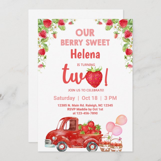 Jordgubbarnas bäste födelsedag. inbjudningar (Fram/baksida)