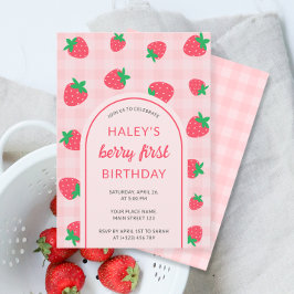 Jordgubbarnas Rosa Cute Berry Första födelsedag Ba Inbjudningar
