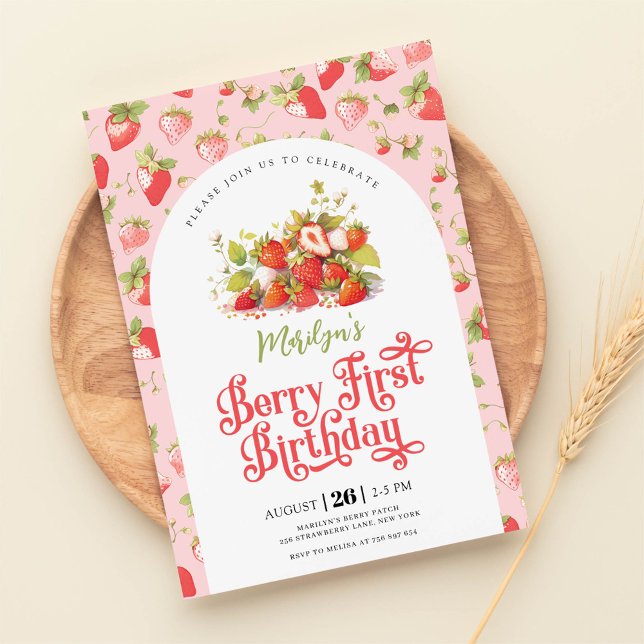 Jordgubbarnas Rosa Flickr Berry Första födelsedag Inbjudningar (Skapare uppladdad)