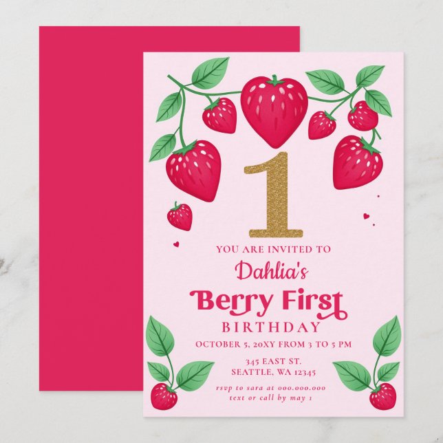 Jordgubbe 1:a födelsedag Berry 1:a födelsedag Inbjudningar (Fram/baksida)