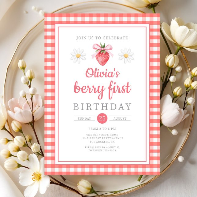 Jordgubbe 1:a födelsedag Berry 1:a födelsedag Inbjudningar (Strawberry 1st Birthday Berry First Birthday Invitation)