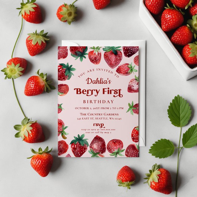 Jordgubbe 1:a födelsedag Berry 1:a födelsedag Inbjudningar (Strawberry 1st Birthday Berry First Birthday Invitation)