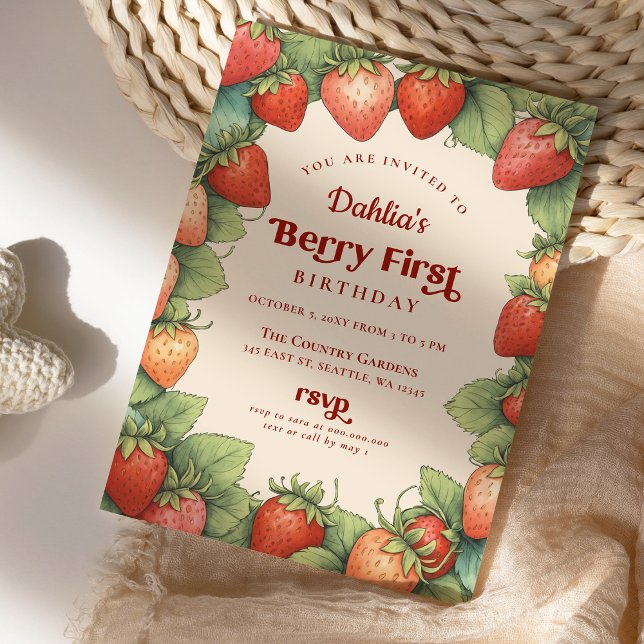 Jordgubbe 1:a födelsedag Berry 1:a födelsedag Inbjudningar (Strawberry 1st Birthday Berry First Birthday Invitation)