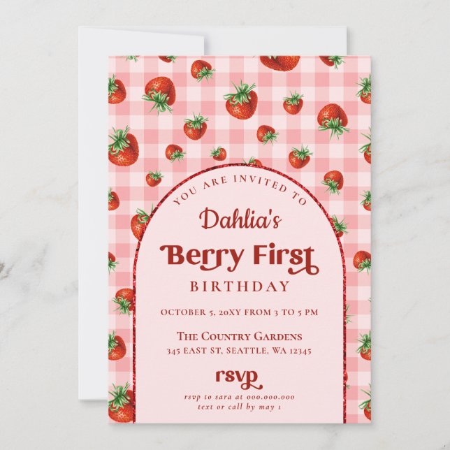 Jordgubbe 1:a födelsedag Berry 1:a foto Inbjudningar (Framsida)