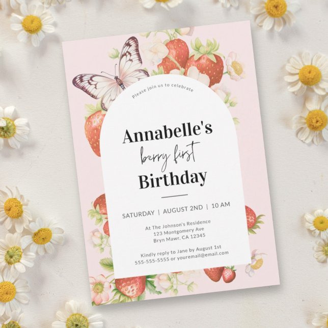 Jordgubbe 1:a födelsedag Berry First Party Inbjudningar (Skapare uppladdad)