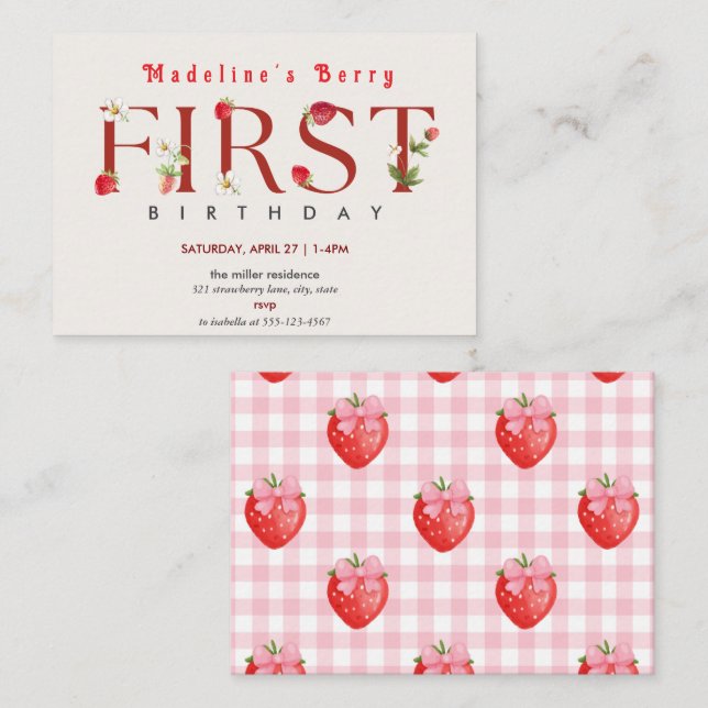 Jordgubbe 1:a födelsedag Party Berry 1:a födelseda Anteckningskort (Fram/baksida)