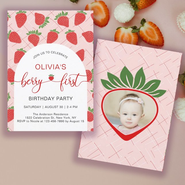 Jordgubbe 1:a födelsedag Party Berry 1:a födelseda Inbjudningar (Strawberry 1st Birthday Party Berry First Invitation)