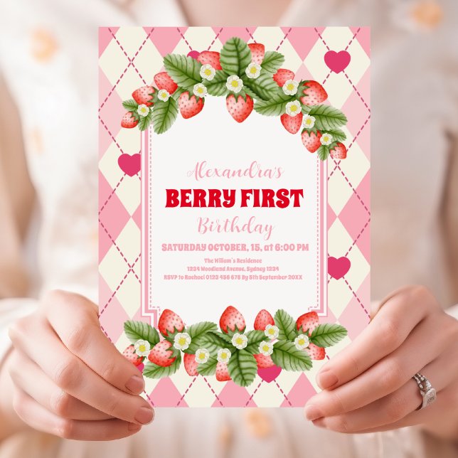 Jordgubbe 1:a födelsedag Party Berry 1:a födelseda Inbjudningar (Skapare uppladdad)