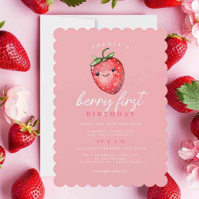 Jordgubbe 1:a födelsedag Party Berry 1:a födelseda Inbjudningar (Skapare uppladdad)