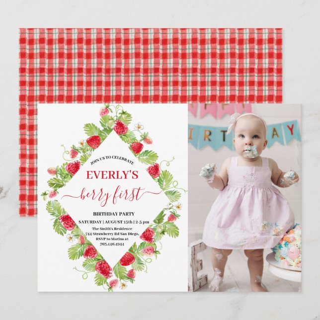 Jordgubbe 1:a födelsedag Party Berry 1:a foto Inbjudningar (Fram/baksida)