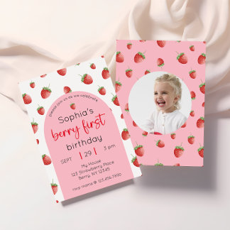 Jordgubbe 1:a födelsedag Party Berry 1:a foto Inbjudningar