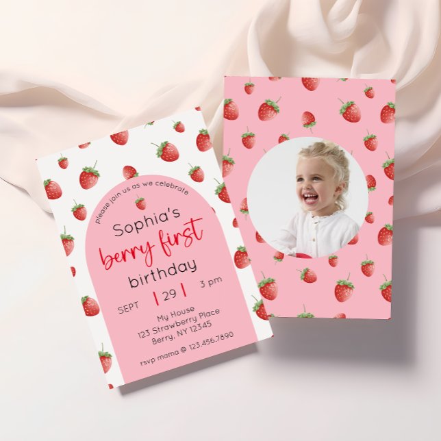Jordgubbe 1:a födelsedag Party Berry 1:a foto Inbjudningar (Skapare uppladdad)