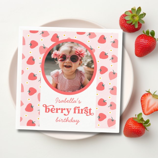 Jordgubbe 1:a födelsedag Party Berry 1:a foto Pappersservett (berry first birthday party napkins)