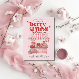 Jordgubbe 1:a födelsedag Party Berry First Girl Inbjudningar