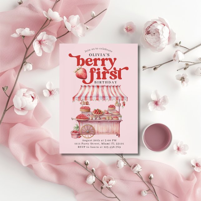 Jordgubbe 1:a födelsedag Party Berry First Girl Inbjudningar (Skapare uppladdad)