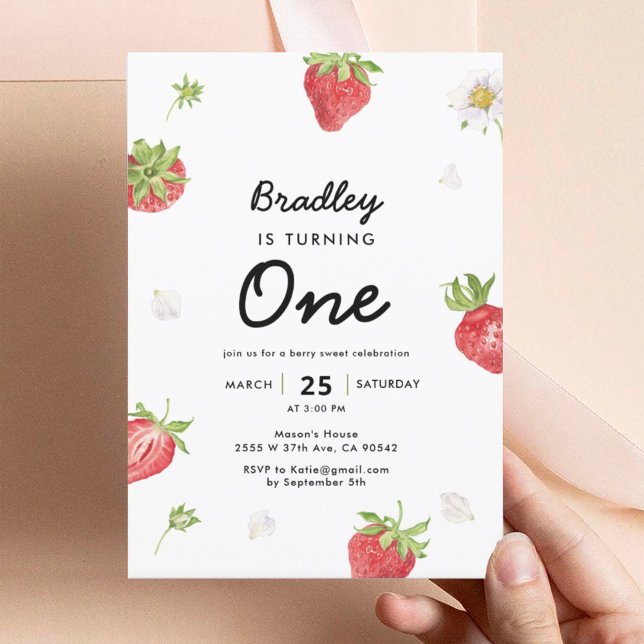 Jordgubbe 1:a tjejen Berry Första födelsedag Inbjudningar (Skapare uppladdad)