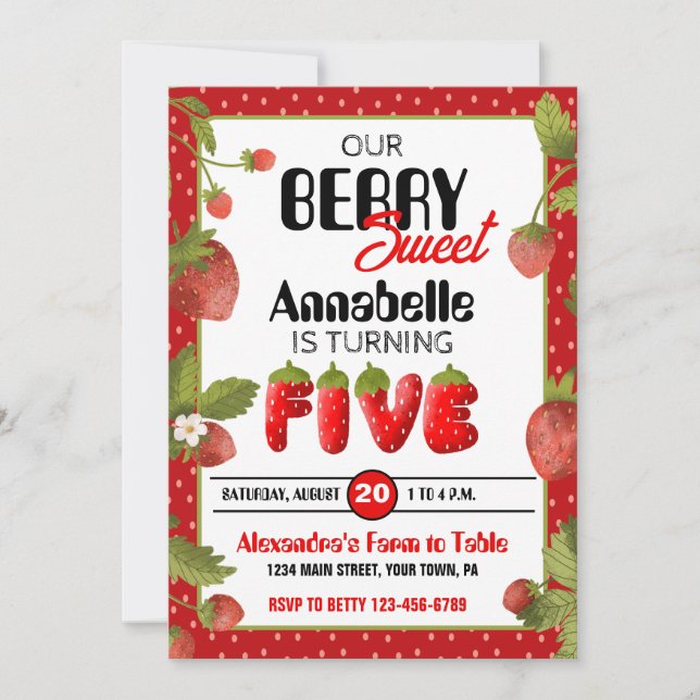 Jordgubbe 5 Födelsedagsfest inbjudan (Framsida)
