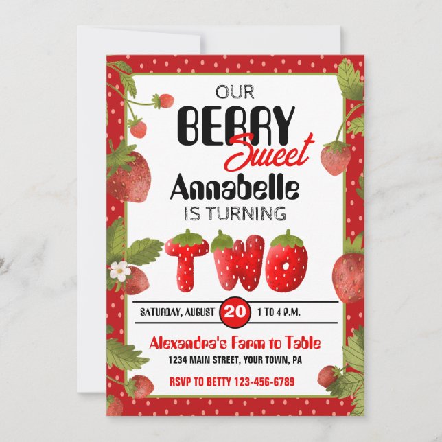 Jordgubbe andra Födelsedagsfest inbjudan (Framsida)