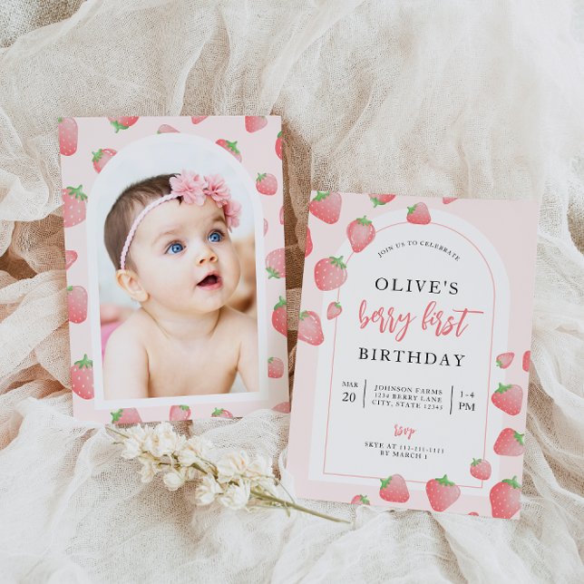 Jordgubbe Berry First Boho Birthday-inbjudan Inbjudningar (Skapare uppladdad)