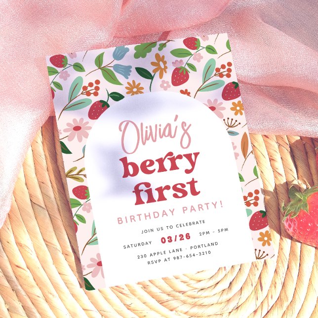 Jordgubbe Berry Första Budget Födelsedagsfest (Card Front Mock-up)