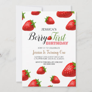 Jordgubbe Berry Första födelsedag Enkelt Cute Baby Inbjudningar