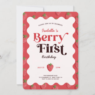 Jordgubbe Berry Första Födelsedagsfesten Inbjudningar