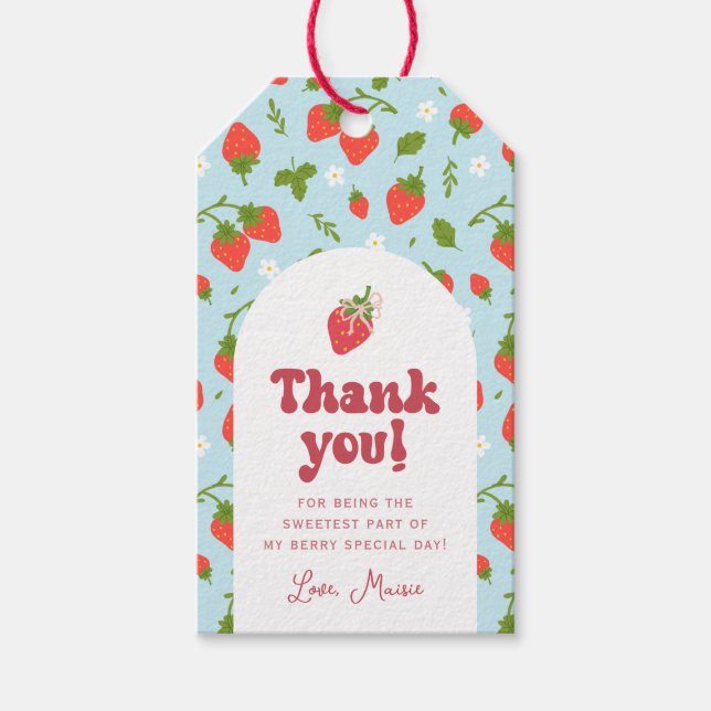 Jordgubbe Berry Första Födelsedagsfesten Presentetikett (Framsidan)