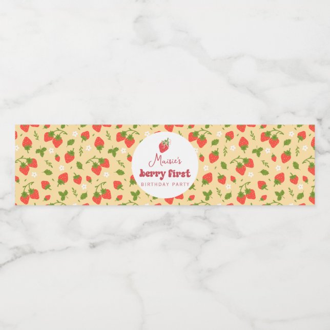 Jordgubbe Berry Första Födelsedagsfesten Vattenflaskor Etikett (Singel etikett)