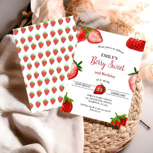 Jordgubbe Berry Girl First Birthday Berry Sweet Inbjudningar