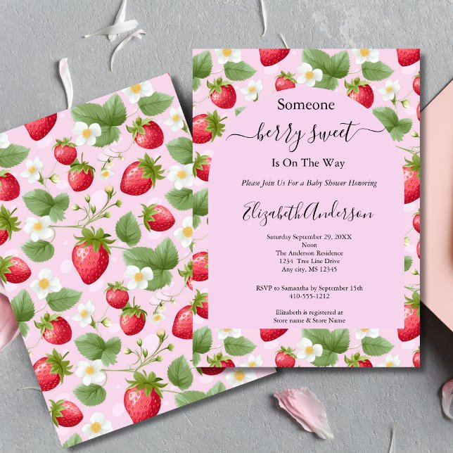 Jordgubbe Berry Söt Rosa Röd Vit Bebis Badrum Inbjudningar (Strawberry Pink Berry Sweet Baby Girl Baby Shower invitation. Printed or Digital Download)