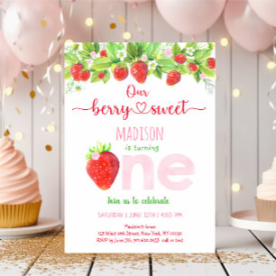 Jordgubbe Berry Sweet First Birthday Inbjudningar
