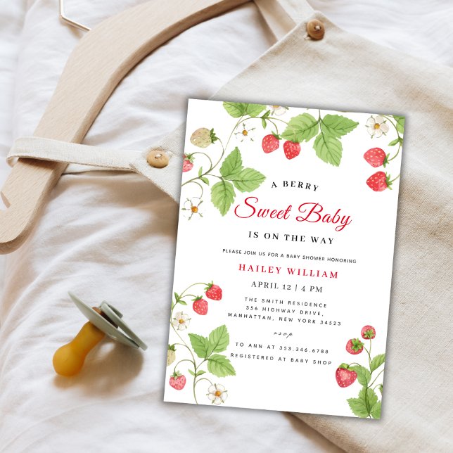 Jordgubbe Berry Sweet Greenery Baby Shower Inbjudningar (Strawberry Berry Sweet Greenery Baby Shower Invitation)