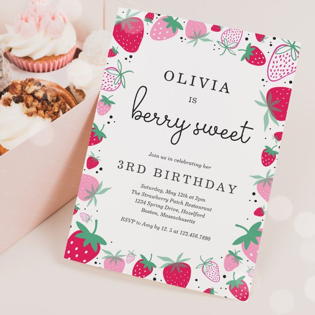 Jordgubbe Birthday Berry Sweet Födelsedagsfest Inbjudningar (Skapare uppladdad)