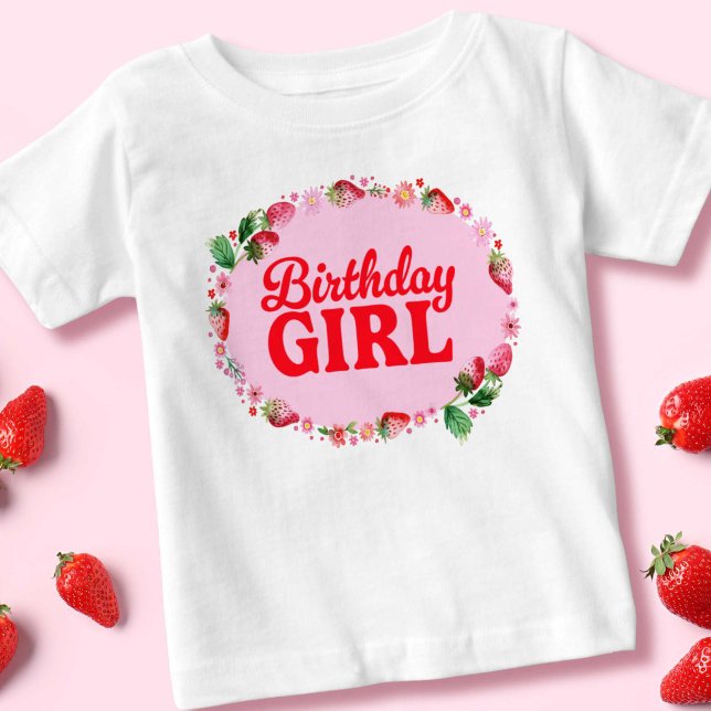 Jordgubbe Birthday Girl Rosa and Red T Shirt (Strawberry Birthday Girl Pink and Red Baby T-Shirt)