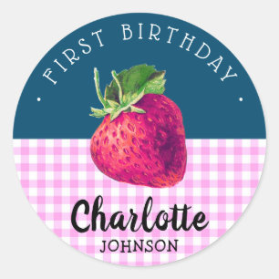 Jordgubbe Birthday Girl Rosa Checkered Blue Grönt Runt Klistermärke