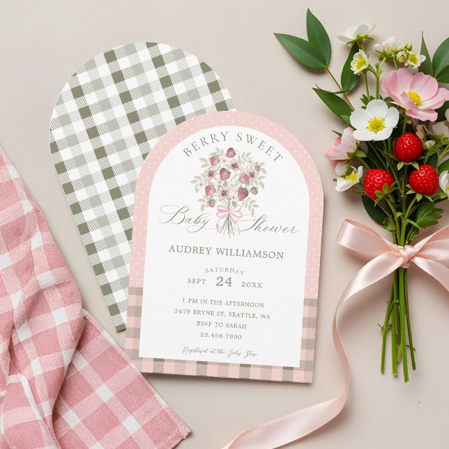 Jordgubbe Blommigt Bouquet Berry Sweet Baby Shower Inbjudningar (Strawberry Floral Bouquet Berry Sweet Baby Shower Invitation)