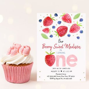 Jordgubbe Blueberry Berry Sweet First Birthday Inbjudningar