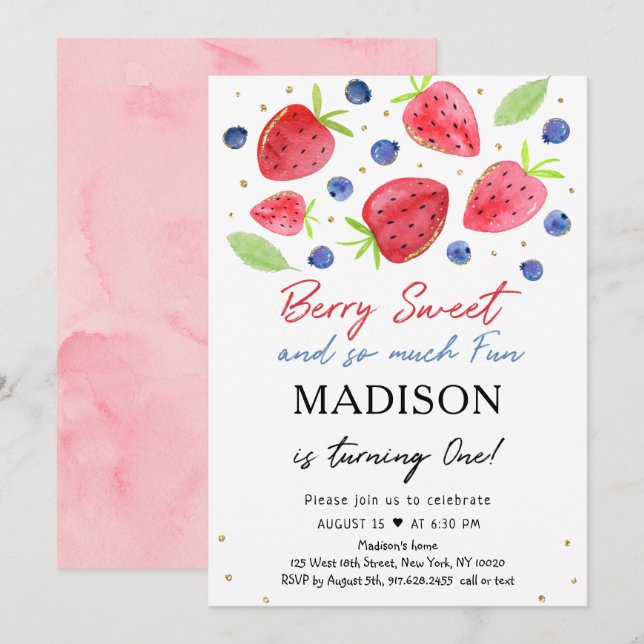 Jordgubbe Blueberry Berry Sweet First Birthday Inbjudningar (Fram/baksida)