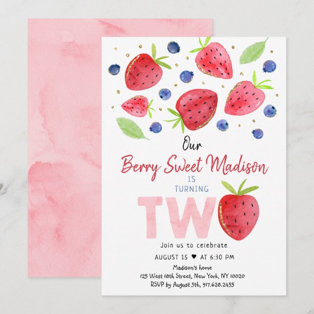 Jordgubbe Blueberry Berry Sweet Second Birthday Inbjudningar (Fram/baksida)