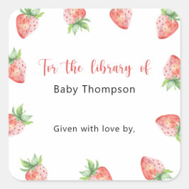 Jordgubbe - bokplåt för baby shower, böcker för be fyrkantigt klistermärke