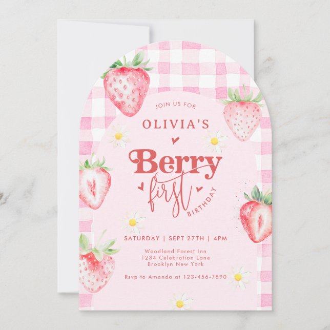 Jordgubbe Daisy Berry First Photo Arch Birthday Inbjudningar (Framsida)
