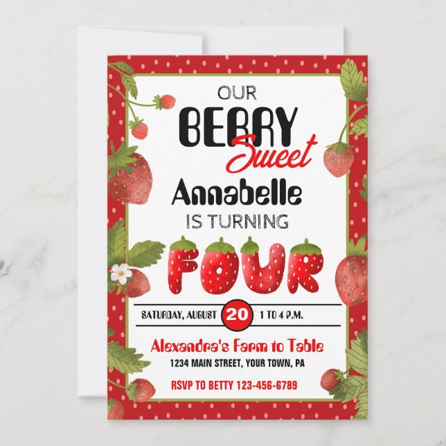 Jordgubbe, fjärde Födelsedagsfest inbjudan (Framsida)
