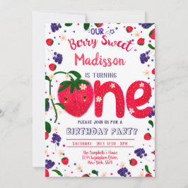 Jordgubbe FÖRSTA födelsedag Inbjudningar