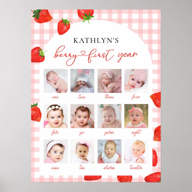 Jordgubbe första födelsedag Rosa milsten 12 Foto Poster (Framsidan)
