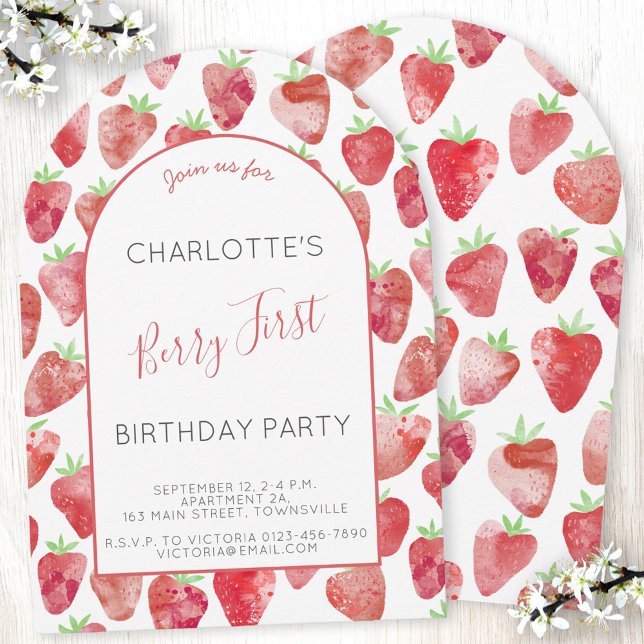 Jordgubbe - första Födelsedagsfesten Arch Inbjudningar (Modern strawberry watercolor berry first 1st arch shaped birthday party invitation with custom text)