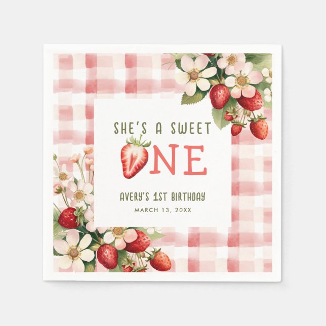 Jordgubbe, första Födelsedagsfesten Berry Pappersservett (Framsidan)