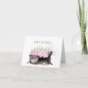 Jordgubbe Frosted Pug Cake Black pug-födelsedag Kort